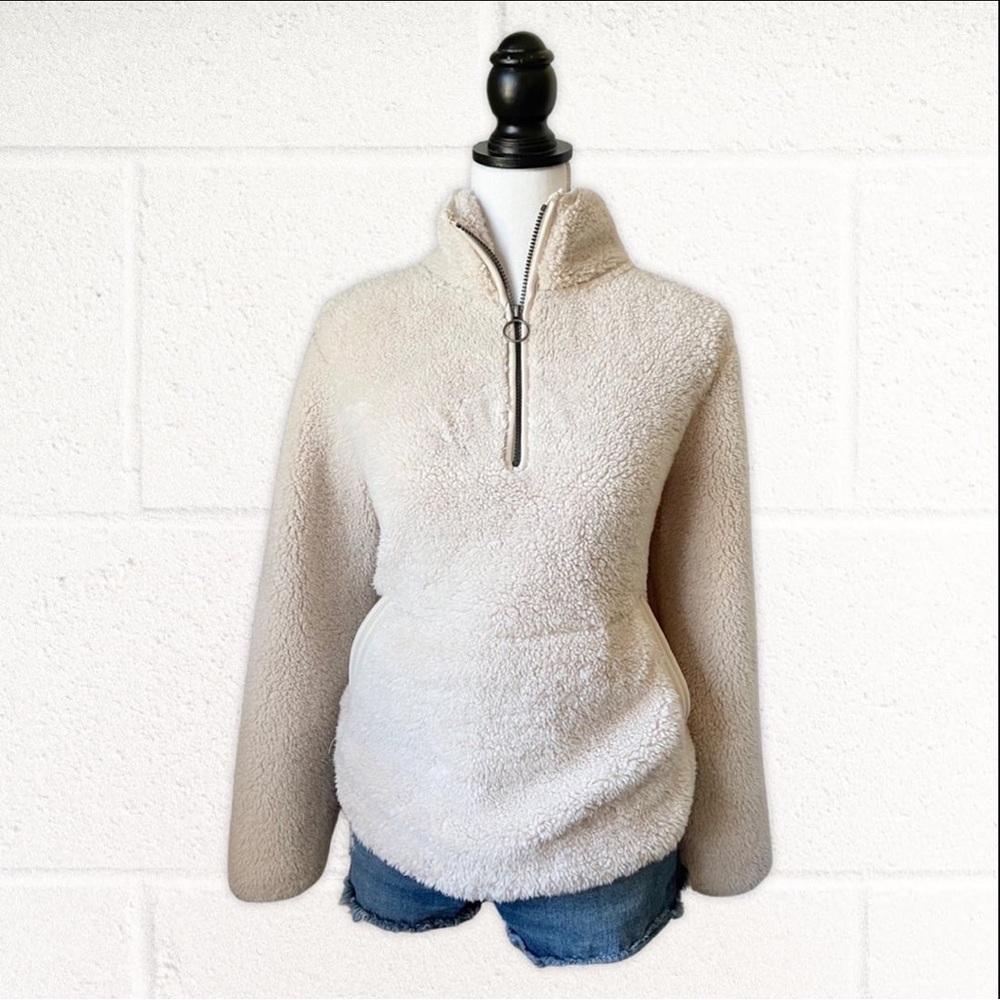 Tan Beige Sherpa Teddy O Ring Turtle Neck Quarter Zip Sweater